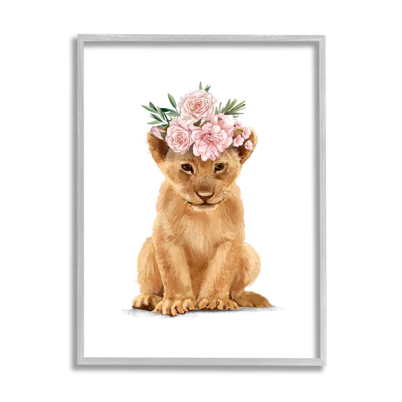 Stupell Industries Boho Rose Floral Crown Lion Cub Safari Animal in Gray Frame Wall Art
